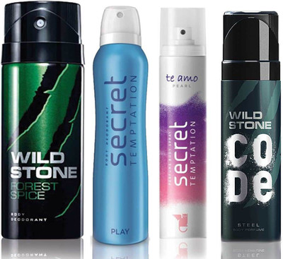 

Wild Stone Forest Spice Deodorant (150 ml), Code Steel Body Perfume(120 ml) and ST Play Deodorant (150 ml), Te Amo Pearl Body Perfume (120 ml), Pack of 4 Perfume Body Spray - For Men & Women(540 ml, Pack of 4)