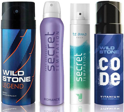 

Wild Stone Legend Deodorant (150 ml), Code Titanium Body Perfume(120 ml) and ST Romance Deodorant (150 ml), Te Amo Aqua Body Perfume (120 ml), Pack of 4 Perfume Body Spray - For Men & Women(540 ml, Pack of 4)