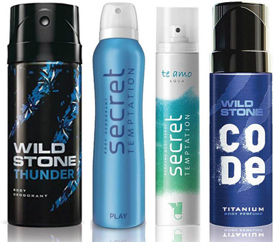 

Wild Stone Thunder Deodorant (150 ml), Code Titanium Body Perfume(120 ml) and ST Play Deodorant (150 ml), Te Amo Aqua Body Perfume (120 ml), Pack of 4 Perfume Body Spray - For Men & Women(540 ml, Pack of 4)