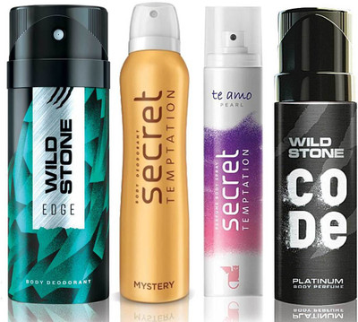 

Wild Stone Edge Deodorant (150 ml), Code Platinum Body Perfume(120 ml) and ST Mystery Deodorant (150 ml), Te Amo Pearl Body Perfume (120 ml), Pack of 4 Perfume Body Spray - For Men & Women(540 ml, Pack of 4)