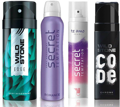 

Wild Stone Edge Deodorant (150 ml), Code Chrome Body Perfume(120 ml) and ST Romance Deodorant (150 ml), Te Amo Pearl Body Perfume (120 ml), Pack of 4 Perfume Body Spray - For Men & Women(540 ml, Pack of 4)