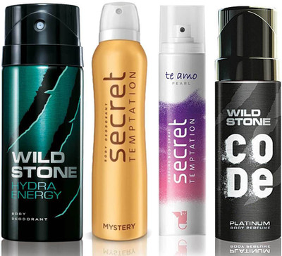 

Wild Stone Hydra Energy Deodorant (150 ml), Code Platinum Body Perfume(120 ml) and ST Mystery Deodorant (150 ml), Te Amo Pearl Body Perfume (120 ml), Pack of 4 Perfume Body Spray - For Men & Women(540 ml, Pack of 4)