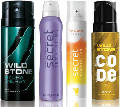 

Wild Stone Hydra Energy Deodorant (150 ml), Code Gold Body Perfume(120 ml) and ST Romance Deodorant (150 ml), Te Amo Breeze Body Perfume (120 ml), Pack of 4 Perfume Body Spray - For Men & Women(540 ml, Pack of 4)