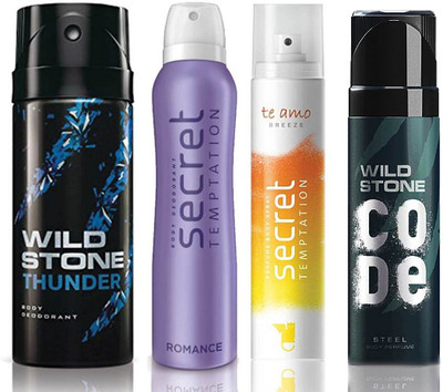 

Wild Stone Thunder Deodorant (150 ml), Code Steel Body Perfume(120 ml) and ST Romance Deodorant (150 ml), Te Amo Breeze Body Perfume (120 ml), Pack of 4 Perfume Body Spray - For Men & Women(540 ml, Pack of 4)