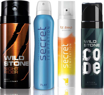 

Wild Stone Night Rider Deodorant (150 ml), Code Steel Body Perfume(120 ml) and ST Play Deodorant (150 ml), Te Amo Breeze Body Perfume (120 ml), Pack of 4 Perfume Body Spray - For Men & Women(540 ml, Pack of 4)