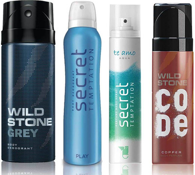 

Wild Stone Grey Deodorant (150 ml), Code Copper Perfume(120 ml) and ST Play Deodorant (150 ml), Te Amo Aqua Body Perfume (120 ml), Pack of 4 Perfume Body Spray - For Men & Women(540 ml, Pack of 4)