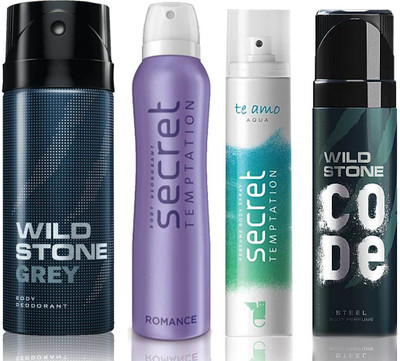 

Wild Stone Grey Deodorant (150 ml), Code Steel Body Perfume(120 ml) and ST Romance Deodorant (150 ml), Te Amo Aqua Body Perfume (120 ml), Pack of 4 Perfume Body Spray - For Men & Women(540 ml, Pack of 4)