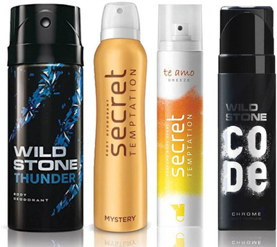 

Wild Stone Thunder Deodorant (150 ml), Code Chrome Body Perfume(120 ml) and ST Mystery Deodorant (150 ml), Te Amo Breeze Body Perfume (120 ml), Pack of 4 Perfume Body Spray - For Men & Women(540 ml, Pack of 4)