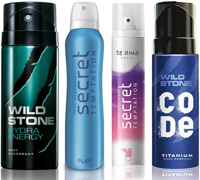 

Wild Stone Hydra Energy Deodorant (150 ml), Code Titanium Body Perfume(120 ml) and ST Play Deodorant (150 ml), Te Amo Pearl Body Perfume (120 ml), Pack of 4 Perfume Body Spray - For Men & Women(540 ml, Pack of 4)