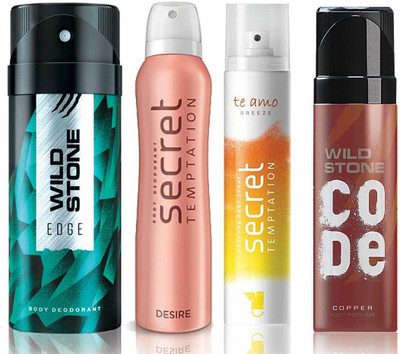 

Wild Stone Edge Deodorant (150 ml), Code Copper Perfume(120 ml) and ST Desire Deodorant (150 ml), Te Amo Breeze Body Perfume (120 ml), Pack of 4 Perfume Body Spray - For Men & Women(540 ml, Pack of 4)