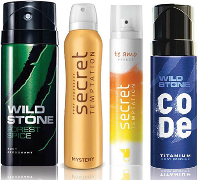 

Wild Stone Forest Spice Deodorant (150 ml), Code Titanium Body Perfume(120 ml) and ST Mystery Deodorant (150 ml), Te Amo Breeze Body Perfume (120 ml), Pack of 4 Perfume Body Spray - For Men & Women(540 ml, Pack of 4)