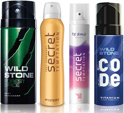 

Wild Stone Forest Spice Deodorant (150 ml), Code Titanium Body Perfume(120 ml) and ST Mystery Deodorant (150 ml), Te Amo Pearl Body Perfume (120 ml), Pack of 4 Perfume Body Spray - For Men & Women(540 ml, Pack of 4)