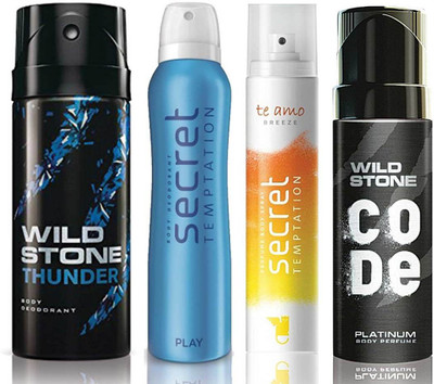 

Wild Stone Thunder Deodorant (150 ml), Code Platinum Body Perfume(120 ml) and ST Play Deodorant (150 ml), Te Amo Breeze Body Perfume (120 ml), Pack of 4 Perfume Body Spray - For Men & Women(540 ml, Pack of 4)