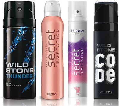 

Wild Stone Thunder Deodorant (150 ml), Code Chrome Body Perfume(120 ml) and ST Desire Deodorant (150 ml), Te Amo Pearl Body Perfume (120 ml), Pack of 4 Perfume Body Spray - For Men & Women(540 ml, Pack of 4)