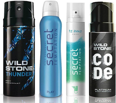 

Wild Stone Thunder Deodorant (150 ml), Code Platinum Body Perfume(120 ml) and ST Play Deodorant (150 ml), Te Amo Aqua Body Perfume (120 ml), Pack of 4 Perfume Body Spray - For Men & Women(540 ml, Pack of 4)