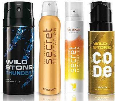 

Wild Stone Thunder Deodorant (150 ml), Code Gold Body Perfume(120 ml) and ST Mystery Deodorant (150 ml), Te Amo Breeze Body Perfume (120 ml), Pack of 4 Perfume Body Spray - For Men & Women(540 ml, Pack of 4)