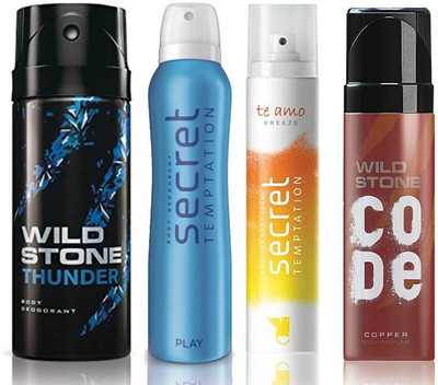 

Wild Stone Thunder Deodorant (150 ml), Code Copper Perfume(120 ml) and ST Play Deodorant (150 ml), Te Amo Breeze Body Perfume (120 ml), Pack of 4 Perfume Body Spray - For Men & Women(540 ml, Pack of 4)