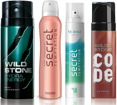 

Wild Stone Hydra Energy Deodorant (150 ml), Code Copper Perfume(120 ml) and ST Desire Deodorant (150 ml), Te Amo Aqua Body Perfume (120 ml), Pack of 4 Perfume Body Spray - For Men & Women(540 ml, Pack of 4)