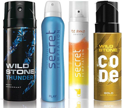 Wild Stone Thunder Deodorant (150 ml), Code Gold Body Perfume(120 ml) and ST Play Deodorant (150 ml), Te Amo Breeze Body Perfume (120 ml), Pack of 4 Perfume Body Spray - For Men & Women(540 ml, Pack of 4)