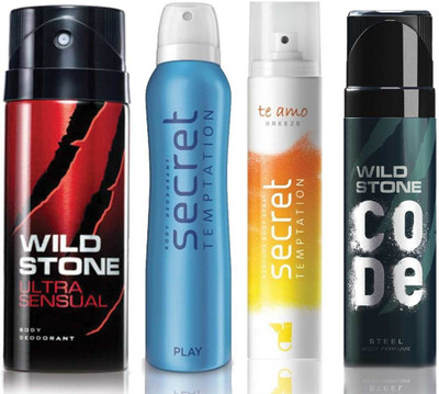 

Wild Stone Ultra Sensual Deodorant (150 ml), Code Steel Body Perfume(120 ml) and ST Play Deodorant (150 ml), Te Amo Breeze Body Perfume (120 ml), Pack of 4 Perfume Body Spray - For Men & Women(540 ml, Pack of 4)