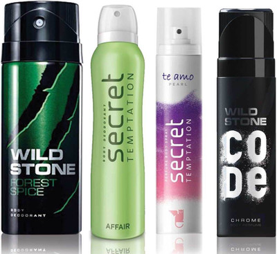 

Wild Stone Forest Spice Deodorant (150 ml), Code Chrome Body Perfume(120 ml) and ST Affair Deodorant (150 ml), Te Amo Pearl Body Perfume (120 ml), Pack of 4 Perfume Body Spray - For Men & Women(540 ml, Pack of 4)