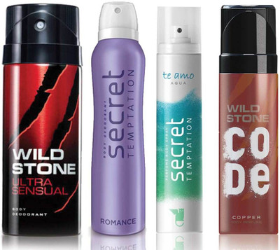 

Wild Stone Ultra Sensual Deodorant (150 ml), Code Copper Perfume(120 ml) and ST Romance Deodorant (150 ml), Te Amo Aqua Body Perfume (120 ml), Pack of 4 Perfume Body Spray - For Men & Women(540 ml, Pack of 4)