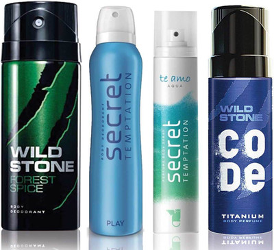 

Wild Stone Forest Spice Deodorant (150 ml), Code Titanium Body Perfume(120 ml) and ST Play Deodorant (150 ml), Te Amo Aqua Body Perfume (120 ml), Pack of 4 Perfume Body Spray - For Men & Women(540 ml, Pack of 4)