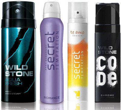 

Wild Stone Aqua Fresh Deodorant (150 ml), Code Chrome Body Perfume(120 ml) and ST Romance Deodorant (150 ml), Te Amo Breeze Body Perfume (120 ml), Pack of 4 Perfume Body Spray - For Men & Women(540 ml, Pack of 4)