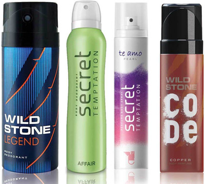 

Wild Stone Legend Deodorant (150 ml), Code Copper Perfume(120 ml) and ST Affair Deodorant (150 ml), Te Amo Pearl Body Perfume (120 ml), Pack of 4 Perfume Body Spray - For Men & Women(540 ml, Pack of 4)