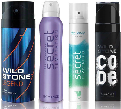 

Wild Stone Legend Deodorant (150 ml), Code Chrome Body Perfume(120 ml) and ST Romance Deodorant (150 ml), Te Amo Aqua Body Perfume (120 ml), Pack of 4 Perfume Body Spray - For Men & Women(540 ml, Pack of 4)