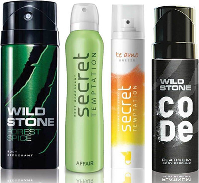 

Wild Stone Forest Spice Deodorant (150 ml), Code Platinum Body Perfume(120 ml) and ST Affair Deodorant (150 ml), Te Amo Breeze Body Perfume (120 ml), Pack of 4 Perfume Body Spray - For Men & Women(540 ml, Pack of 4)