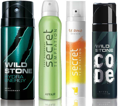 

Wild Stone Hydra Energy Deodorant (150 ml), Code Steel Body Perfume(120 ml) and ST Affair Deodorant (150 ml), Te Amo Breeze Body Perfume (120 ml), Pack of 4 Perfume Body Spray - For Men & Women(540 ml, Pack of 4)
