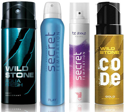 

Wild Stone Aqua Fresh Deodorant (150 ml), Code Gold Body Perfume(120 ml) and ST Play Deodorant (150 ml), Te Amo Pearl Body Perfume (120 ml), Pack of 4 Perfume Body Spray - For Men & Women(540 ml, Pack of 4)