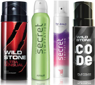 

Wild Stone Ultra Sensual Deodorant (150 ml), Code Platinum Body Perfume(120 ml) and ST Affair Deodorant (150 ml), Te Amo Pearl Body Perfume (120 ml), Pack of 4 Perfume Body Spray - For Men & Women(540 ml, Pack of 4)