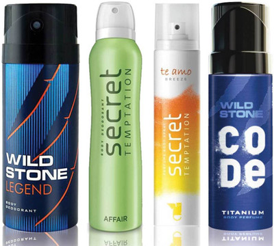 

Wild Stone Legend Deodorant (150 ml), Code Titanium Body Perfume(120 ml) and ST Affair Deodorant (150 ml), Te Amo Breeze Body Perfume (120 ml), Pack of 4 Perfume Body Spray - For Men & Women(540 ml, Pack of 4)