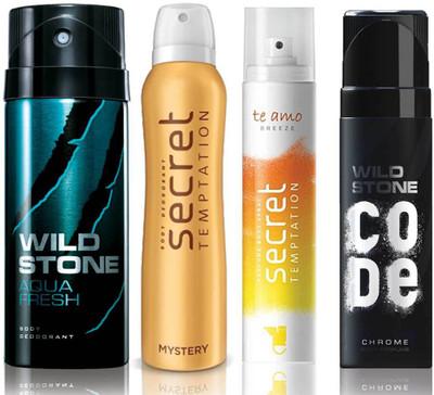 

Wild Stone Aqua Fresh Deodorant (150 ml), Code Chrome Body Perfume(120 ml) and ST Mystery Deodorant (150 ml), Te Amo Breeze Body Perfume (120 ml), Pack of 4 Perfume Body Spray - For Men & Women(540 ml, Pack of 4)