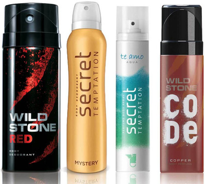 

Wild Stone Red Deodorant (150 ml), Code Copper Perfume(120 ml) and ST Mystery Deodorant (150 ml), Te Amo Aqua Body Perfume (120 ml), Pack of 4 Perfume Body Spray - For Men & Women(540 ml, Pack of 4)