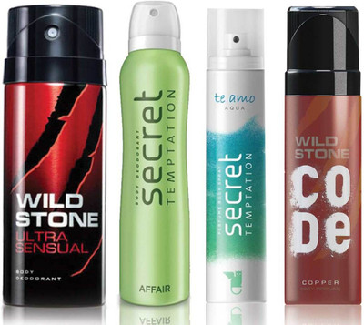 

Wild Stone Ultra Sensual Deodorant (150 ml), Code Copper Perfume(120 ml) and ST Affair Deodorant (150 ml), Te Amo Aqua Body Perfume (120 ml), Pack of 4 Perfume Body Spray - For Men & Women(540 ml, Pack of 4)