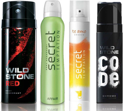 

Wild Stone Red Deodorant (150 ml), Code Chrome Body Perfume(120 ml) and ST Affair Deodorant (150 ml), Te Amo Breeze Body Perfume (120 ml), Pack of 4 Perfume Body Spray - For Men & Women(540 ml, Pack of 4)