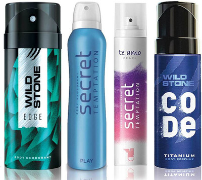 

Wild Stone Edge Deodorant (150 ml), Code Titanium Body Perfume(120 ml) and ST Play Deodorant (150 ml), Te Amo Pearl Body Perfume (120 ml), Pack of 4 Perfume Body Spray - For Men & Women(540 ml, Pack of 4)