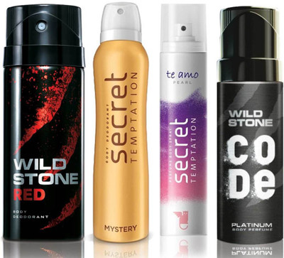 

Wild Stone Red Deodorant (150 ml), Code Platinum Body Perfume(120 ml) and ST Mystery Deodorant (150 ml), Te Amo Pearl Body Perfume (120 ml), Pack of 4 Perfume Body Spray - For Men & Women(540 ml, Pack of 4)