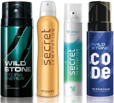

Wild Stone Hydra Energy Deodorant (150 ml), Code Titanium Body Perfume(120 ml) and ST Mystery Deodorant (150 ml), Te Amo Aqua Body Perfume (120 ml), Pack of 4 Perfume Body Spray - For Men & Women(540 ml, Pack of 4)