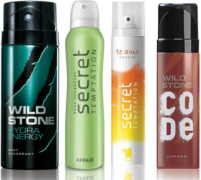 

Wild Stone Hydra Energy Deodorant (150 ml), Code Copper Perfume(120 ml) and ST Affair Deodorant (150 ml), Te Amo Breeze Body Perfume (120 ml), Pack of 4 Perfume Body Spray - For Men & Women(540 ml, Pack of 4)