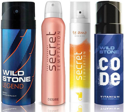 

Wild Stone Legend Deodorant (150 ml), Code Titanium Body Perfume(120 ml) and ST Desire Deodorant (150 ml), Te Amo Breeze Body Perfume (120 ml), Pack of 4 Perfume Body Spray - For Men & Women(540 ml, Pack of 4)