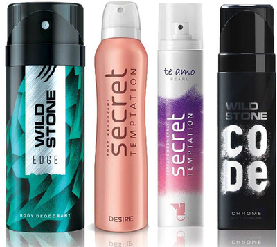 

Wild Stone Edge Deodorant (150 ml), Code Chrome Body Perfume(120 ml) and ST Desire Deodorant (150 ml), Te Amo Pearl Body Perfume (120 ml), Pack of 4 Perfume Body Spray - For Men & Women(540 ml, Pack of 4)