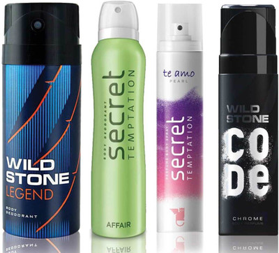 

Wild Stone Legend Deodorant (150 ml), Code Chrome Body Perfume(120 ml) and ST Affair Deodorant (150 ml), Te Amo Pearl Body Perfume (120 ml), Pack of 4 Perfume Body Spray - For Men & Women(540 ml, Pack of 4)