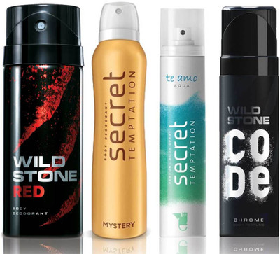 

Wild Stone Red Deodorant (150 ml), Code Chrome Body Perfume(120 ml) and ST Mystery Deodorant (150 ml), Te Amo Aqua Body Perfume (120 ml), Pack of 4 Perfume Body Spray - For Men & Women(540 ml, Pack of 4)
