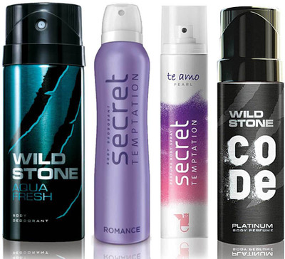 

Wild Stone Aqua Fresh Deodorant (150 ml), Code Platinum Body Perfume(120 ml) and ST Romance Deodorant (150 ml), Te Amo Pearl Body Perfume (120 ml), Pack of 4 Perfume Body Spray - For Men & Women(540 ml, Pack of 4)