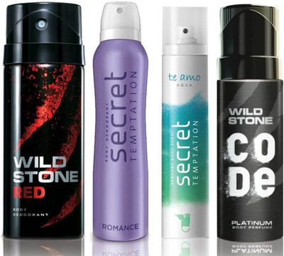 

Wild Stone Red Deodorant (150 ml), Code Platinum Body Perfume(120 ml) and ST Romance Deodorant (150 ml), Te Amo Aqua Body Perfume (120 ml), Pack of 4 Perfume Body Spray - For Men & Women(540 ml, Pack of 4)