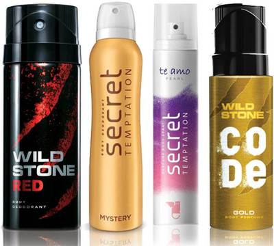 

Wild Stone Red Deodorant (150 ml), Code Gold Body Perfume(120 ml) and ST Mystery Deodorant (150 ml), Te Amo Pearl Body Perfume (120 ml), Pack of 4 Perfume Body Spray - For Men & Women(540 ml, Pack of 4)
